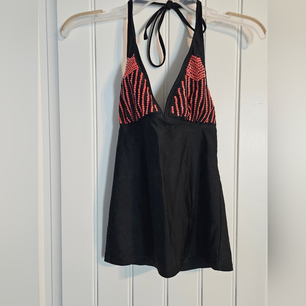 Black Tankini Swim Top With Peach Sequined Bust